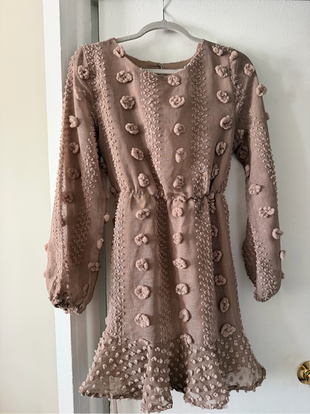Pink Lily Tan Pom-Pom Long Sleeve Casual Dress
